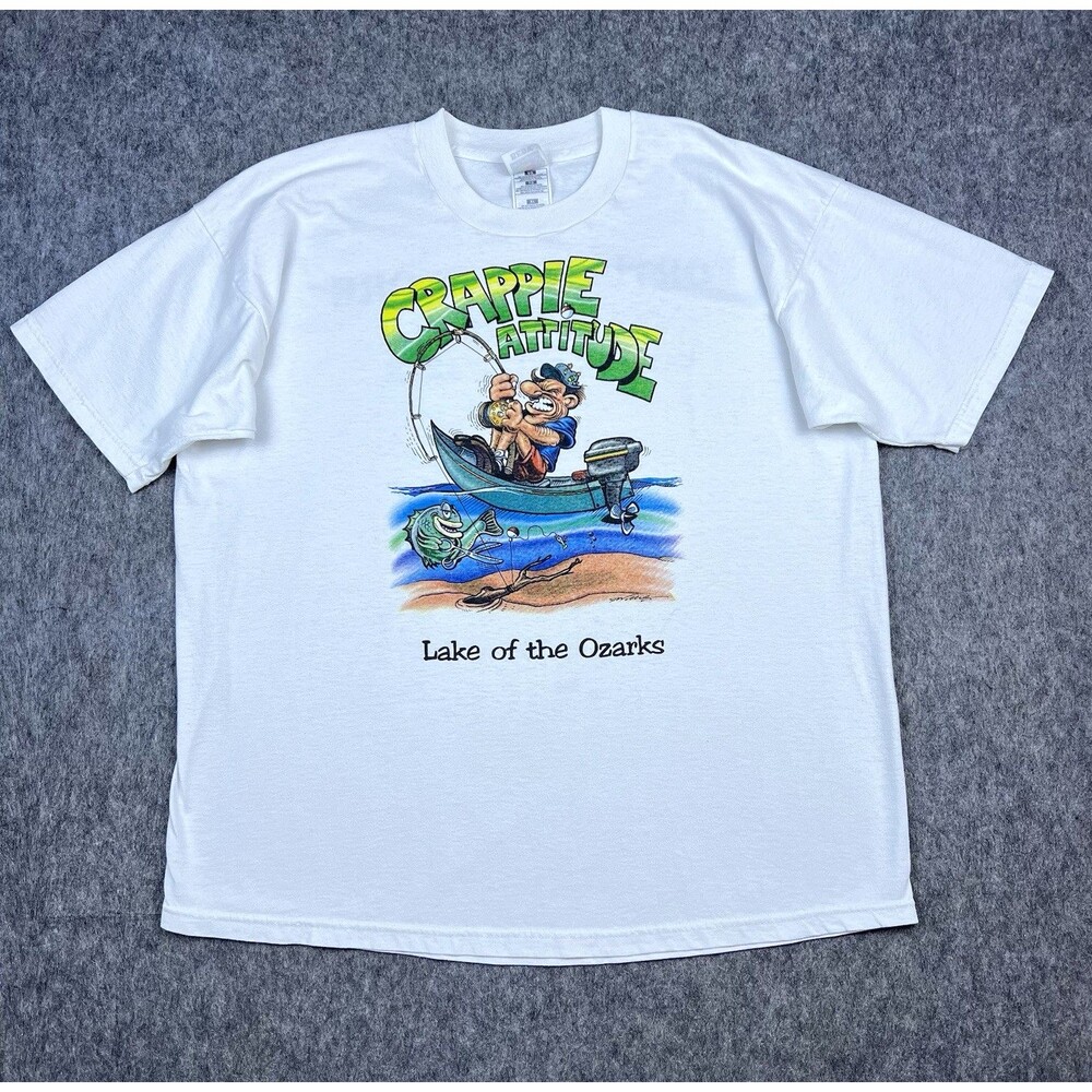 Vtg Fishing Funny Graphic Comic Men's T-Shirt White Lake of the Ozarks Size XL